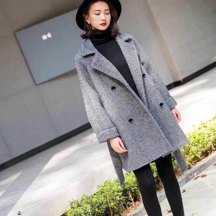 Осенне-зимнее женское пальто, Корейская Повседневная Женская куртка, плюс размер, Кашемировое теплое толстое клетчатое длинное пальто, бежевое серое манто для женщин