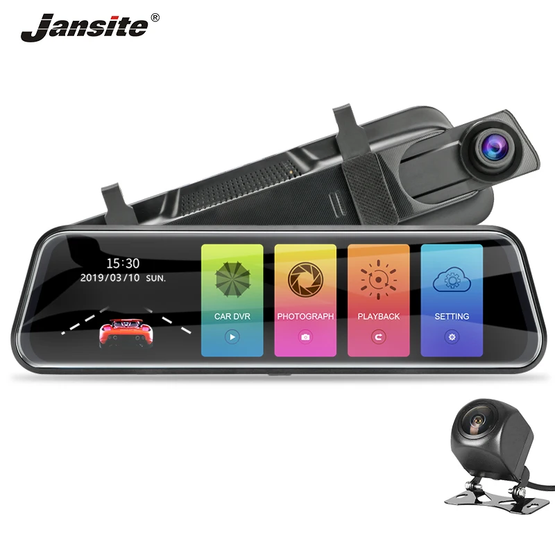 Skup Jansite 10 cal strumień lustro wideorejestrator samochodowy podwójny obiektyw magnetowidy, aparatura domowa wideo ekran dotykowy Full HD 1080P kamery samochodu kamera na deskę rozdzielczą wykrywania ruchu
