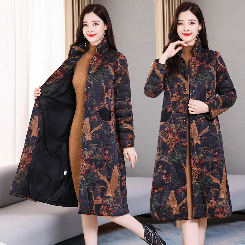 

Chinese-style Mid-length Cotton-padded Clothes Women's 2019 Winter New Style Retro Frog down Feather Cotton-padded Jacket Ethnic