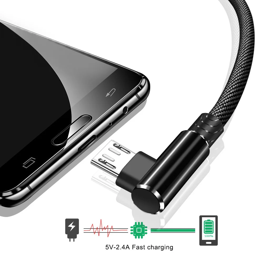 OneVan Micro USB кабель для телефона зарядный шнур 90 градусов локоть 2.4A Быстрый usb type C провод для Iphone 7 6S Android samsung телефон