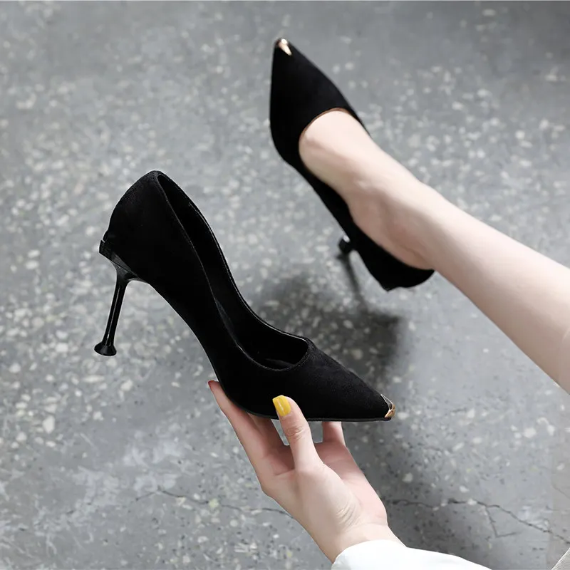 

Pumps Women High Heels Pointed-Toe Thin Heels Solid Color Flock Shallow Mouth Sexy Women Fashion Shoes