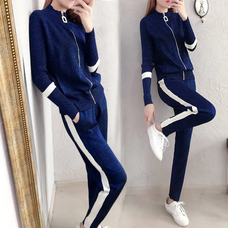 

Women Tracksuit 2019 Autumn Knitted Two Pieces Set Turtleneck Long Sleeve Zipper Cardigans + Striped Pants Jacket Trousers Sets