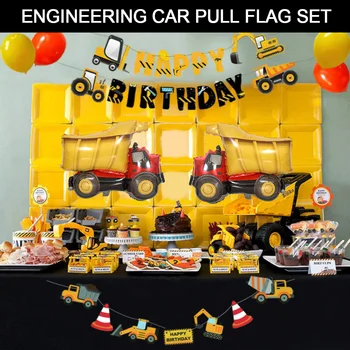 

Construction Engineering Car Party Theme Decoration Banner Birthday Pull Flag Aluminum Balloon Birthday Cake Insertion Card