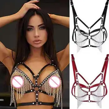 

New Rivet Sexy Women Goth lingerie Leather Halter Neck Body Bondage Cage Bra sw 2040