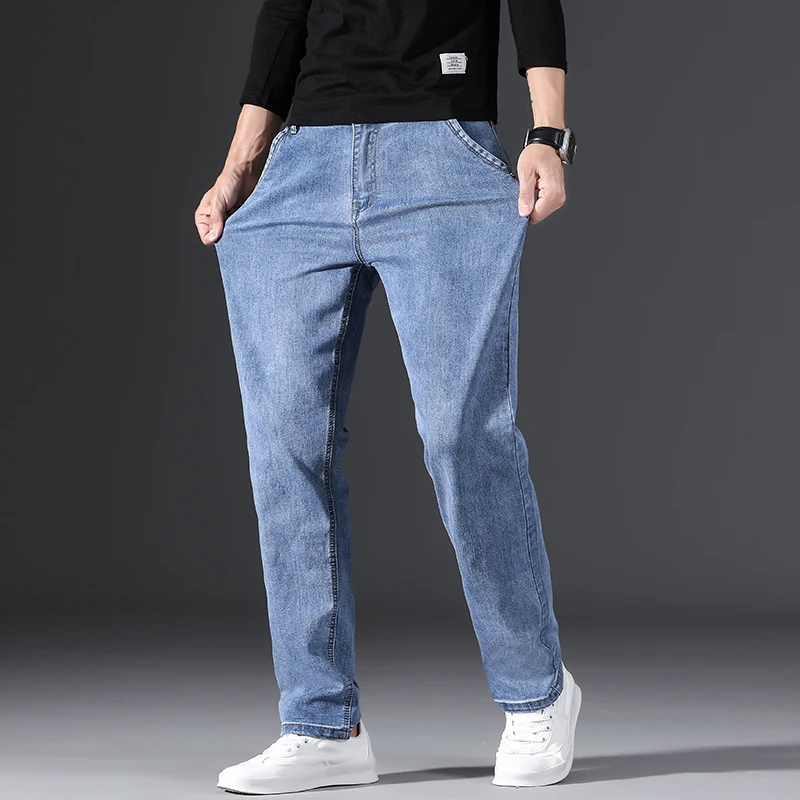 2021 Spring New Men's Light colored Jeans Classic Style Stretch Slim Fit Blue Denim Trousers