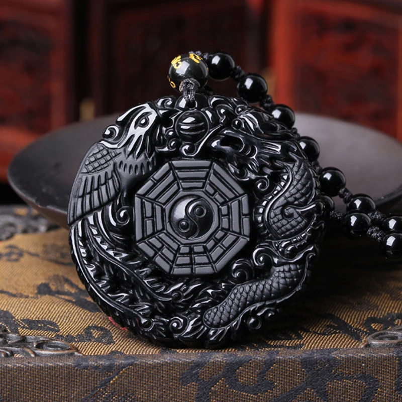 

100% natural Obsidian dragon-phoenix Eight-Diagrams Jade Pendant Jewelry Fine Jewelry Obsidian lucrative Pendant Necklace