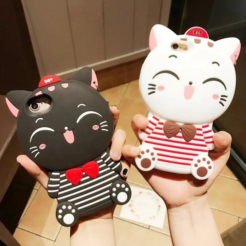 Cases For iPhone 6 7 8 Plus 3D Soft Silicon Cute Cartoon Lucky Cat With Hat Phone Cover Accessories Fundas Coque | Мобильные