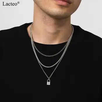 

Lacteo Neo Gothic Lock Shape Pendant Necklace for Women and Men Punk Multi Layered Fine Stainless Steel Chain Choker Necklace