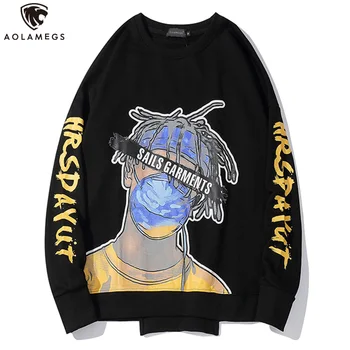 

Aolamegs Sweatshirt Letter Print Men Hoodies Funny Back Hip Hop Style O-Neck Long Sleeve Loose Couple Autumn Casual Streetwear