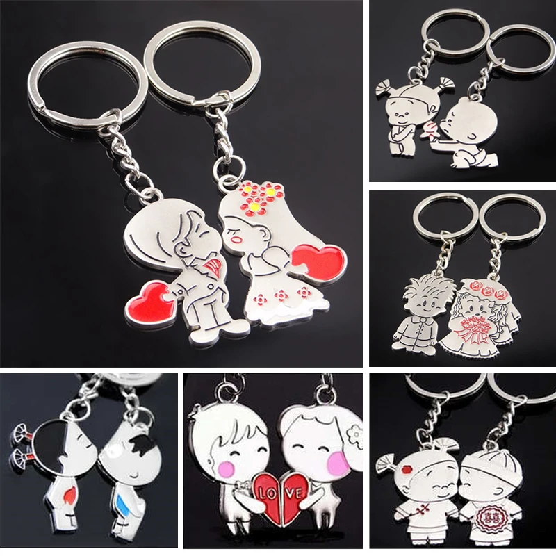 1 Pair Couple Love Keychain Cartoon Lovers Key Ring Silver Women Gift Novelty 