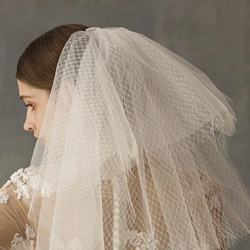 Многослойная Женская фатиновая короткая пышная свадебная вуаль, открытая сетка из ромба, сетка для свадебных брачных волос, аксессуары с