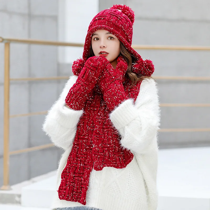 Hat scarf 4 Зимняя вязаная шерстяная шапка, Женская шерстяная шапка с помпоном, утолщенная шапка, костюм с нагрудником, теплая шапка с защитой ушей, три зимние шапки для женщин, Skullies - Цвет: Hat scarf 4