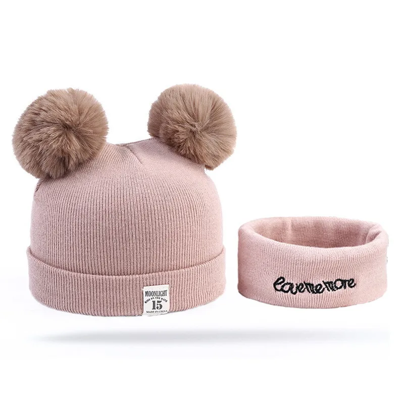 2 Pieces Baby Beanies Cap Set Kid Solid Color Plush Ball Girls Hat And Scarf Winter Warm Caps For Boys Newborn | Детская одежда и