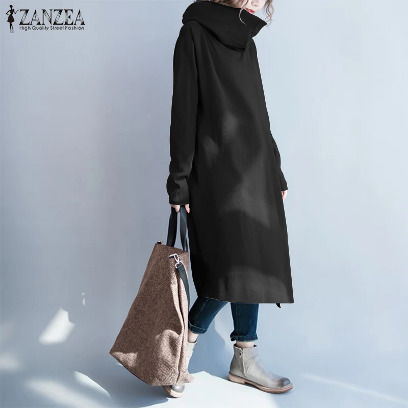 ZANZEA, женские куртки с боковыми карманами, длинные пальто с высоким воротом, повседневные однотонные пальто с длинным рукавом, осенне-зимние пуловеры, верхняя одежда