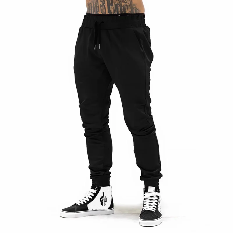 Брендовый спортивный костюм, мужская спортивная одежда, хлопковая футболка с длинным рукавом для фитнеса+ штаны для бега, мужские спортивные штаны для бодибилдинга - Цвет: black pants