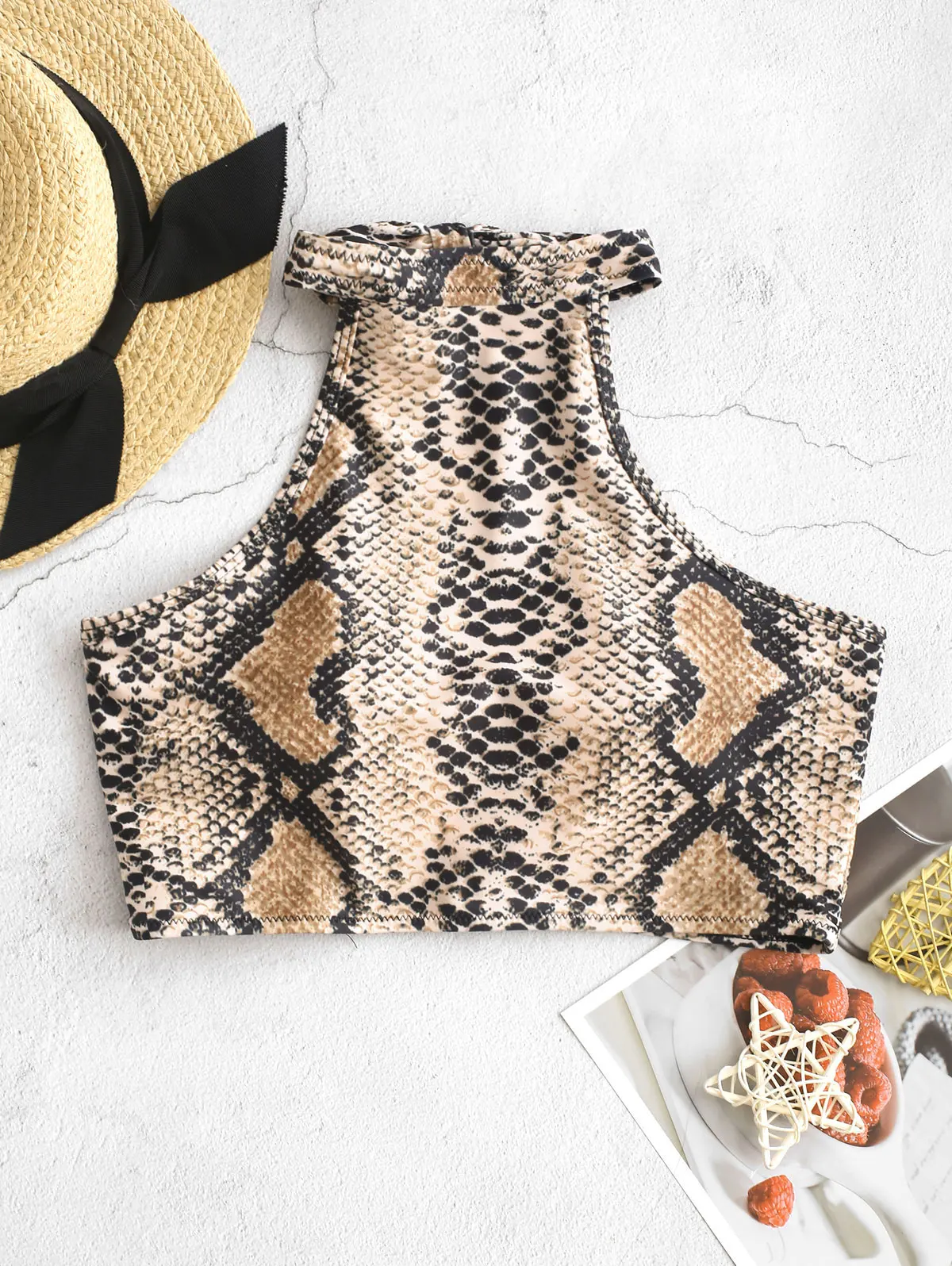 

ZAFUL Halter Snake Print Cropped Bikini Top Female Swimwear Animal prints