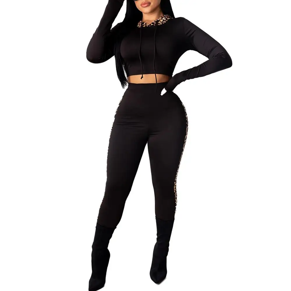 

Explosive European and American Leopard Patchwork cropped sports Pants Set 30JP20