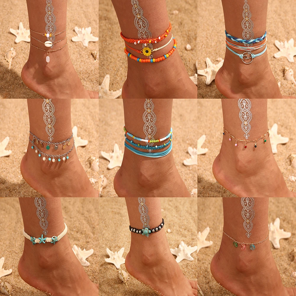 Bohemian Starfish Beads Stone Anklets for Women BOHO Gold Silver Color Chain Bracelet on Leg Beach Ankle Jewelry NEW Gifts