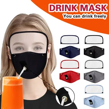 

Adult Solid Protect Drinking Detachable Eyes Shield Mask with Hole for Straw Reuseable Face Mask Washable Mouth Mask Face Mouth