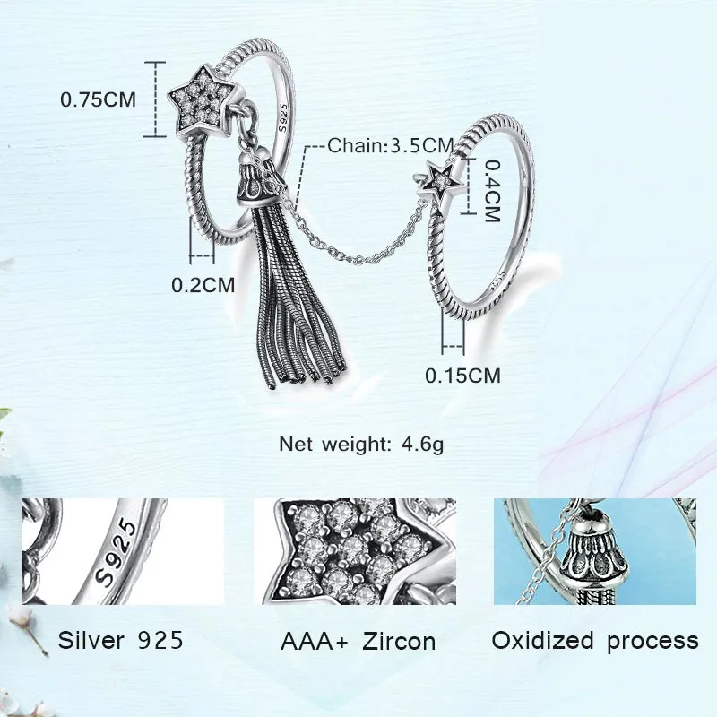 TONGZHE кисточкой Звезда дизайн из натуральной 925 пробы Серебряное кольцо кристалл стек для женщин ювелирные изделия с цепочкой KLTR028-1