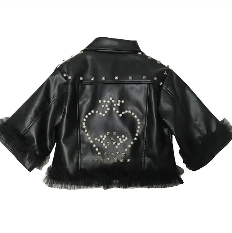 Fashion baby girls pearl riveting Pu leather jackets Teenage mesh patchwork Good quality coats outerwear tops 4-12Y ws1012