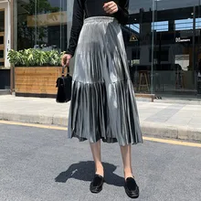 Весенняя юбка средней длины, Женская плиссированная юбка макси цвета металлик, юбка миди с высокой талией, эластичные Повседневные Вечерние винтажные юбки gh4
