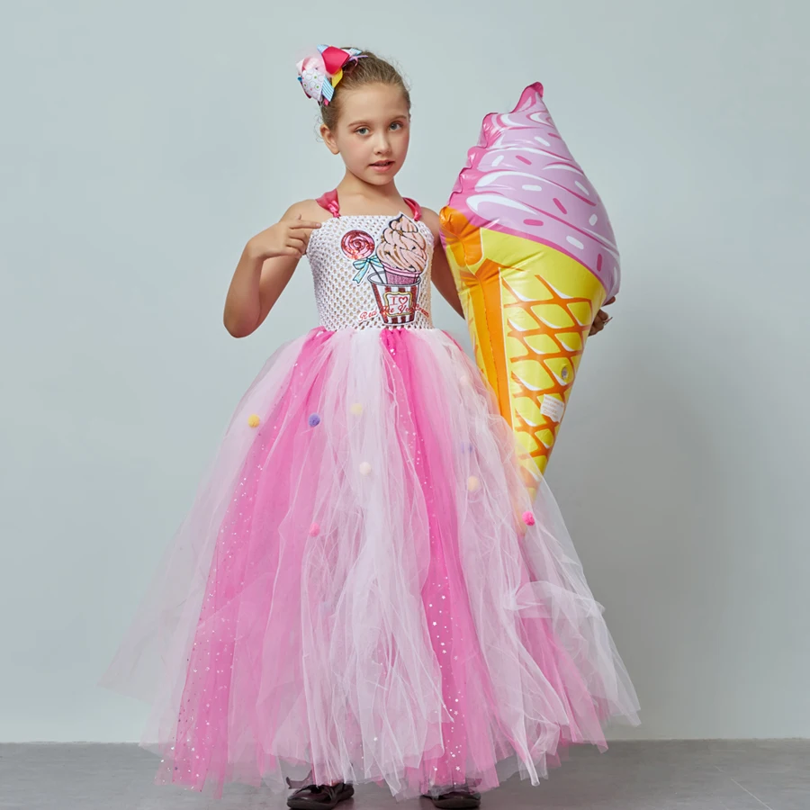 Ice Cream Sweet Candy Girls Tutu Dress with Hair Bows Kids Birthday Tutu Costume Pageant Princess Gown Dress Lollipop Dress (5)