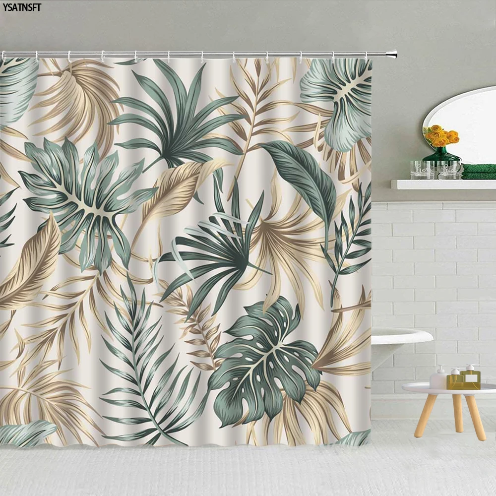 

Тропическая занавеска для душа с зелеными растениями, пальмовыми листьями, летняя занавеска из ткани джунглей для ванной, тканевая занавеска для ванной, декор для экрана с крючками, моющаяся