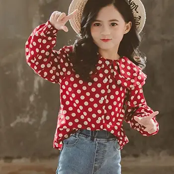 

Spring 2020 Red Green Dot Printed Cotton Blouses For Teenage Girls Long Sleeve O -neck Shirts Blouse Kids Tops Children Clothing