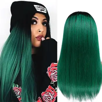 

FAVE 4*4 Lace Closure Ombre Wigs Healthy End Brazilian Remy Straight Human Hair Wigs Natural Hairline 150% 1B/Green For Women