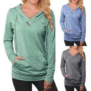 

Fashion Fall Chic Women Solid Color Long Sleeve Casual Pullover Hoodie Sweatshirt V-Neck Cotton All-match Casual Women's Hoodie