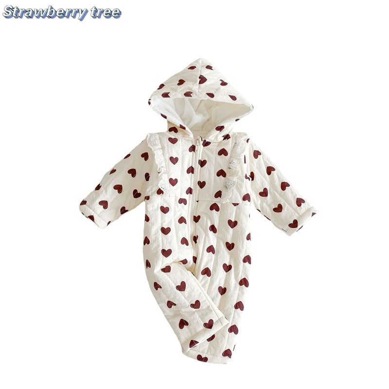 

Infant Newborn Baby Girl Boy Hooded Jumpsuit Fleece Thick Heart Printed Princess Romper Clothes Warm Winter Jumpsuits for Girls