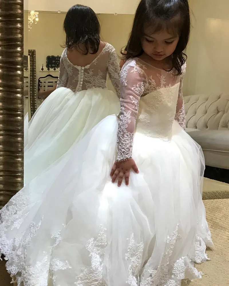 59Lace Vintage Flower Girl Dresses Long Sleeves Ball Gown Little Girl Wedding Dresses Vintage Communion Pageant Dresses Gowns