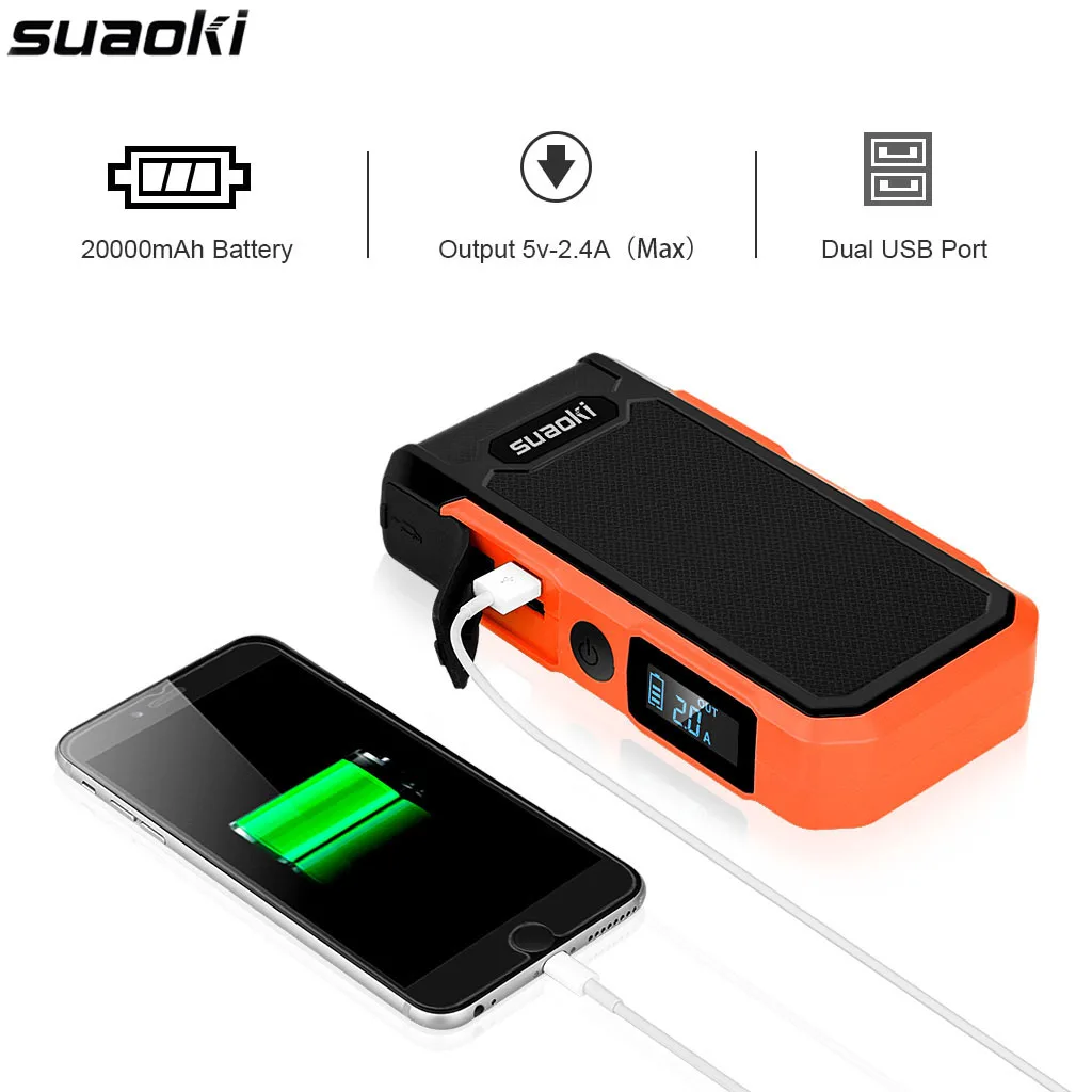 Suaoki U10-O 800A Peak Jump starter Pack Portable 20000mAh LCD Screen Power Bank LED light Smart Battery Clamps for 12V Car Boat