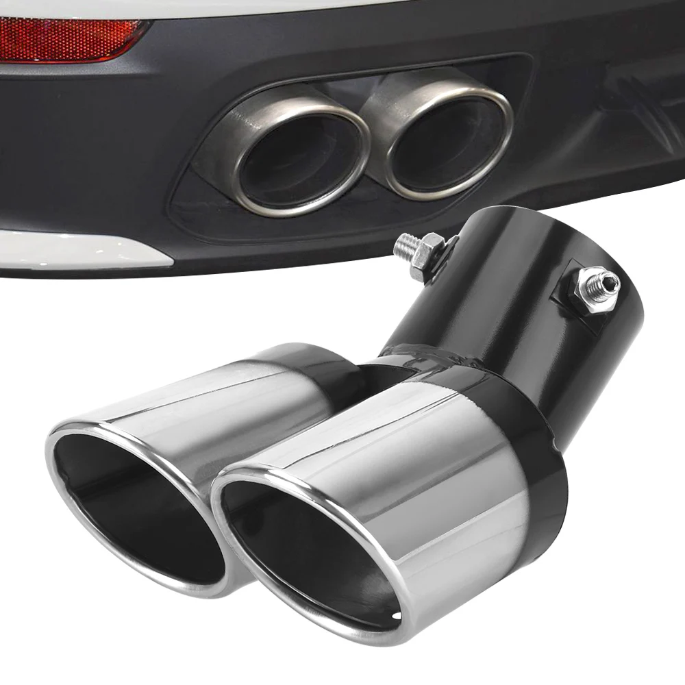 Car Decoration Chrome Tail Pipe Car Styling Universal Car Exhaust Trim Muffler Pipe Tail Stainless Steel Curved Double Outlet