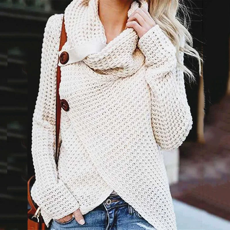 

Solid women sweater autumn irregular knitted pullover jumper tops button sweater women plus size ladies clothes BDR905