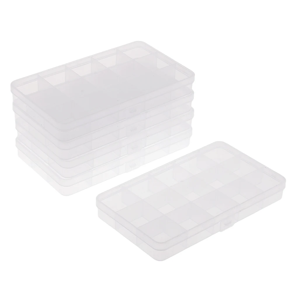 5Packs 15 Grids Clear Small Parts Storage Box Beads Container Organizer Case