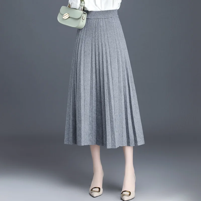 Faldas mujer moda новая длинная юбка женская осенняя и зимняя юбка с надписью Женская трикотажная шерстяная плиссированная юбка Толстая Jupe femme - Цвет: Azr7701 gray