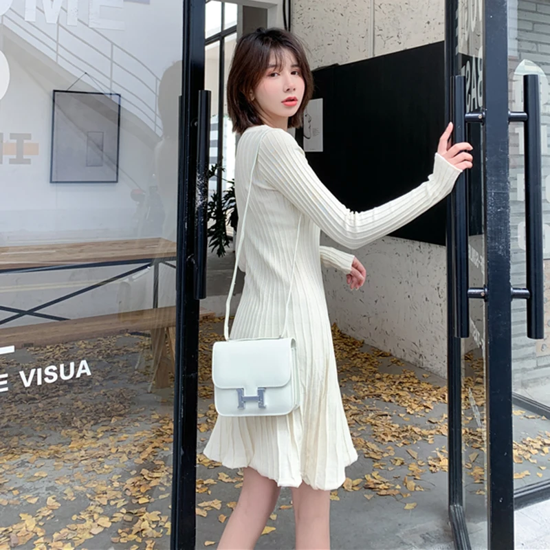 Korean Style Button Knit Dress Woman Beige Black Bottoming Slim V-Neck Ribbing Short Dresses 2020 Autumn Winter New Arrival