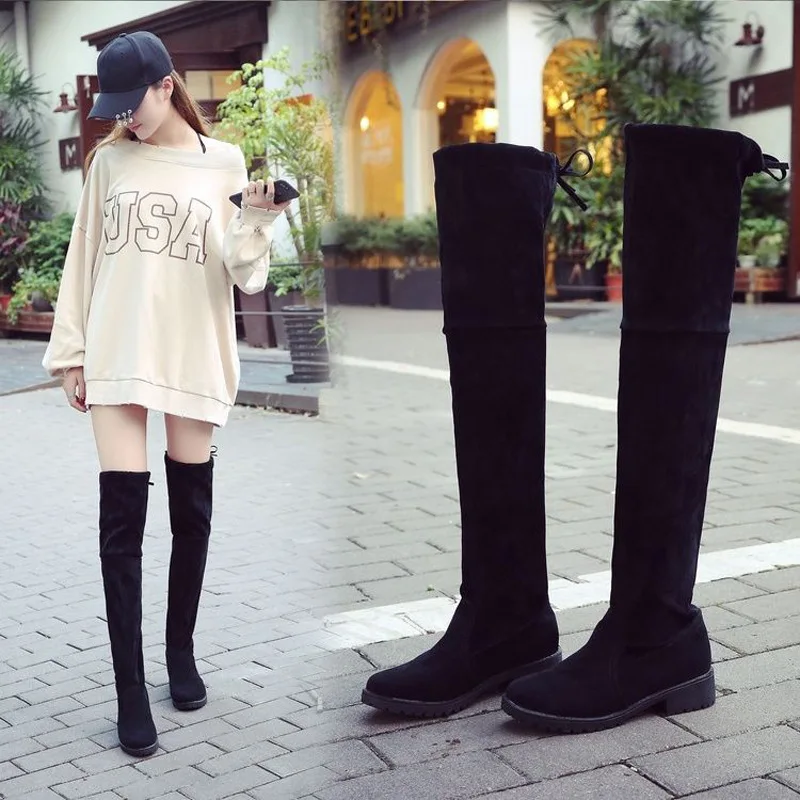 

2019 Spring/Autumn Flock Over-the-Knee Lace-Up Over knee boots Round Toe Increased suede women's boots 165846