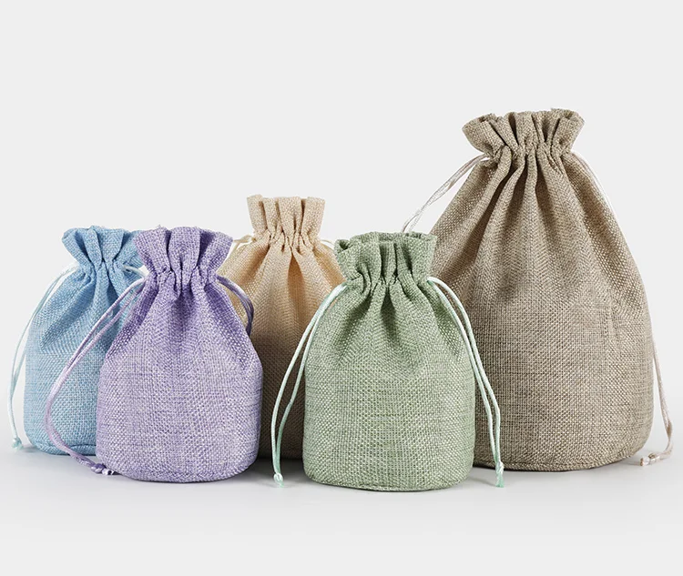 10pcs 9x15cm, 13x18cm, 16x24cm Linen Drawstring Bags Can Logo Printed Jute Pouch Party Candy Gift Round Bottom Sachet Bag