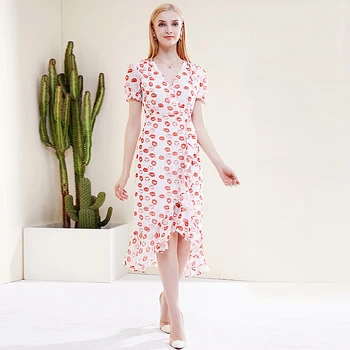 

High Quality Summer 2020 New Women'S Fashion Party Casual Sexy Beach Outing Vintage Elegant Chic Red Lips Print Chiffon Dress