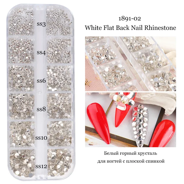 1Box Multi Size Glass Nail Rhinestones Mixed Colors Flat-back AB Crystal With tools 3D Charm Gems  Manicure Nail Art Decorations 021