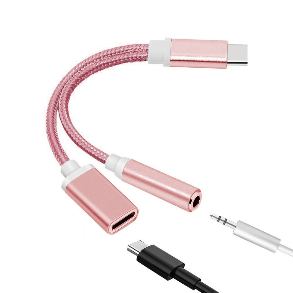 2 в 1 Usb-C до 3,5 мм Aux аудио кабель Разъем для наушников адаптер Usb type C Aux для huawei P30 mate 20 Oneplus 7 pro Xiaomi Mi 9 8 - Цвет: Rose Gold