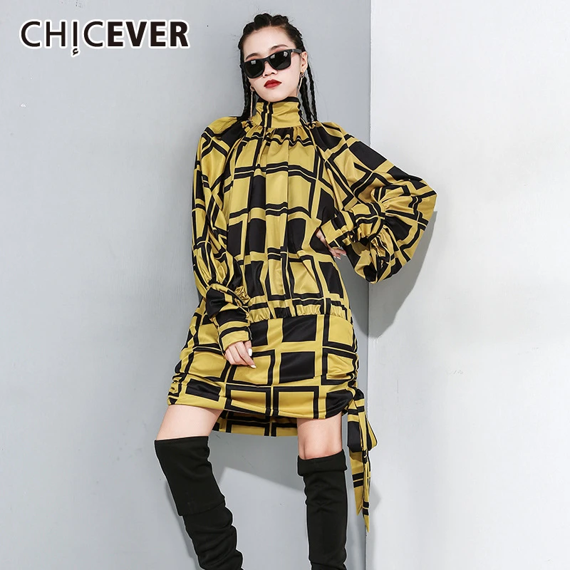 CHICEVER, клетчатое, хит, цветное, женское платье, водолазка, рукав-фонарик, высокая талия, шнуровка, бант, мини, женские платья, одежда, новинка