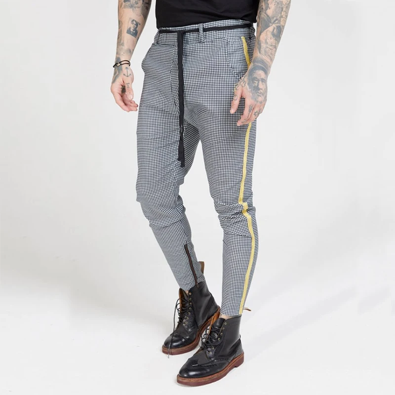 Новые повседневные клетчатые брюки, мужские брюки, облегающие брюки для бега, мужские обтягивающие мужские спортивные брюки, спортивные брюки - Цвет: yellow side