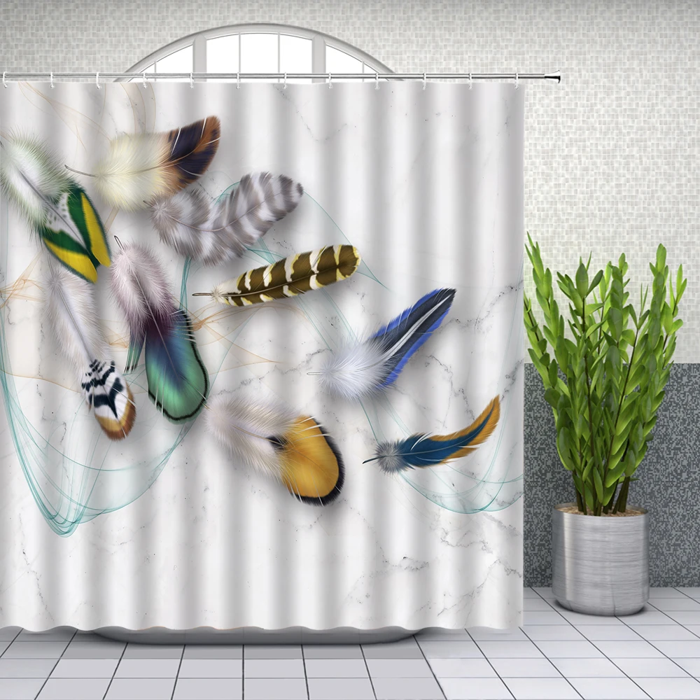 

Hot Sale Feather Theme Pattern Shower Curtains Colorful Bird Feather Bathroom Decor Waterproof Polyester Cloth Curtain Set Cheap