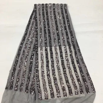 

(5yards/pc) grey color African sequins French net lace fabric with simple and elegant strips embroidery for shining dress FSS219