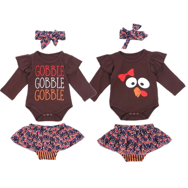 

Girl Thanksgiving Clothes Set Toddler Infant Baby Brown Autumn Long Sleeve Turkey Bodysuit Shorts Skirt Outfits Clothing 3PCs