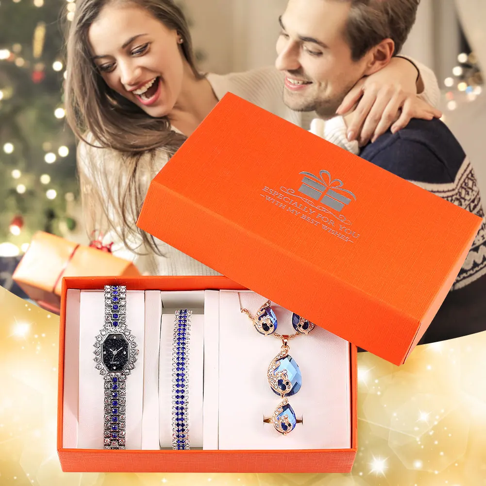 Exquisite Ladies Watch Gift Set Quartz Blue Watch Ladies Bracelet Necklace Earrings Ring Kit Beautiful Christmas Wedding Gifts
